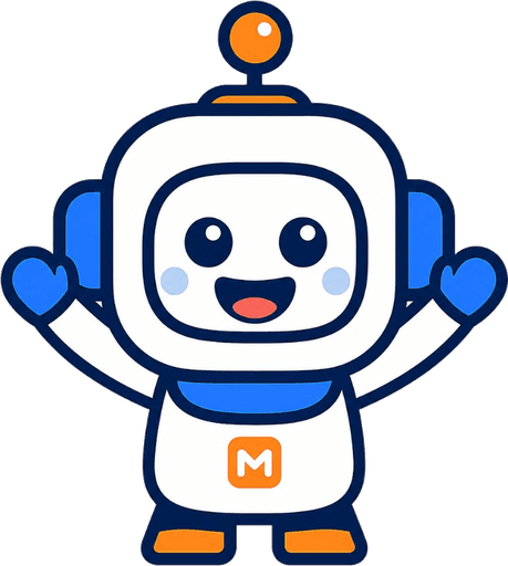 Minny the robot cheering with both arms up